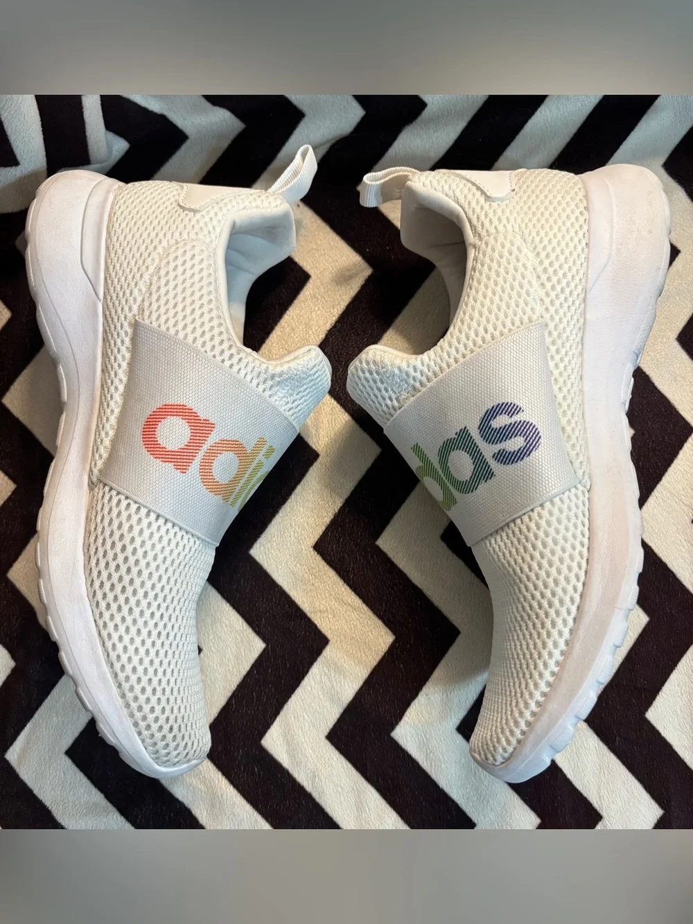 adidas Women's White Slip-On Sneakers with Rainbow Logo